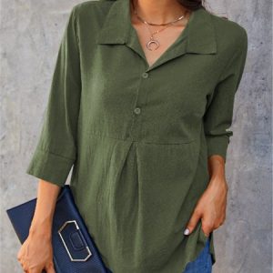 Shawl Collar Long Sleeve Plain Regular Loose Blouse For Women, Blouses, color:Army Green|size:3XL, catalog Noracora shop