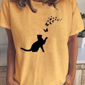 Casual Simple Butterfly Cat Print T-Shirt, T-shirts, Lilicloth.com