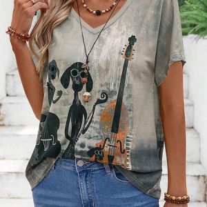 Women's Short Sleeve Tee T-shirt Summer Cat Printing Jersey V Neck Daily Going Out Casual Top Gray, JustFashionNow T-Shirts, color:Gray|size:XXL,