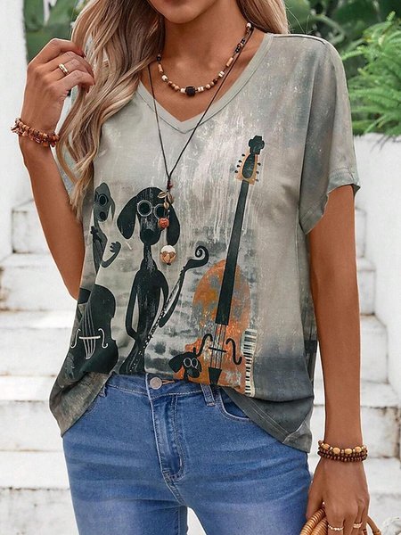 Women's Short Sleeve Tee T-shirt Summer Cat Printing Jersey V Neck Daily Going Out Casual Top Gray, JustFashionNow T-Shirts, color:Gray|size:XXL,