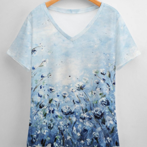 Casual Floral Gradient Print V-Neck T-Shirt, T-shirts, Lilicloth.com
