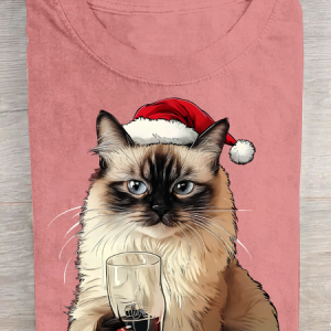 A Cat Wearing A Santa Hat And Christmas Costume And Holding A Wine Glass Cotton T-Shirt, T-shirts, Lilicloth.com