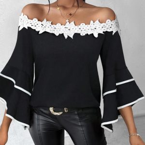 Contrast Lace Bell Sleeve Off Shoulder Top, Blouses & Shirts, ChicMe catalog