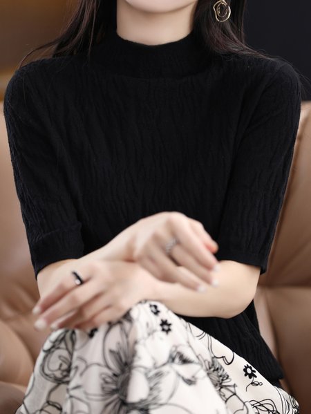 Women's Spring/Fall Plain Casual Half Sleeve Crew Neck Wool/Knitting Sweater, JustFashionNow Sweaters, color:Black|size:XXL,