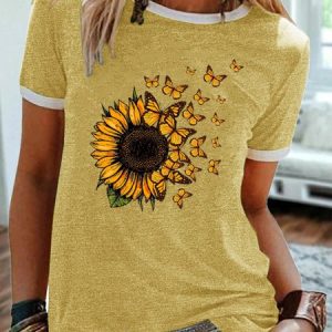 WomenвЂ™s Butterfly Sunflower Print Casual T-Shirt, T-shirts, Lilicloth.com
