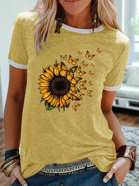 Women’s Butterfly Sunflower Print Casual T-Shirt, T-shirts, Lilicloth.com