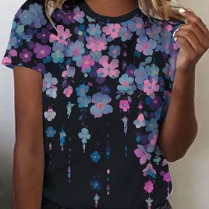 Loose Casual Floral Crew Neck T-Shirt, T-shirts, Lilicloth.com