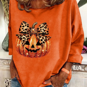 Women's Leopard Coquette Bow Pumpkin Print Casual Sweatshirt, Hoodies&Sweatshirts, Lilicloth.com