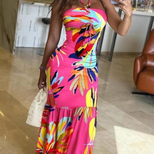 Tropical Print Halter Drawstring Maxi Dress, Print Dresses, ChicMe catalog