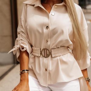 Turn-down Collar Drawstring Sleeve Button Down Shirt Top, Blouses & Shirts, ChicMe catalog