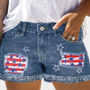 Independence Day Flag Print Patchwork Raw Hem Denim Shorts, women Denim Shorts, ChicMe catalog