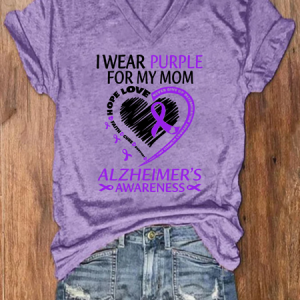 I Wear Purple For Mom With My Heart Alzheimer Floral Loose Simple Crew Neck T-Shirt, T-shirts, Lilicloth.com