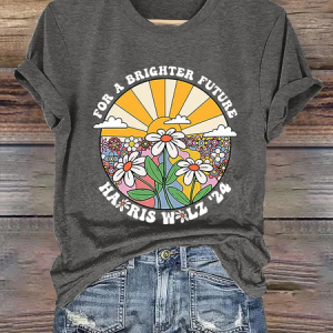 Retro For Brighter Future Sun And Daisy Print T-Shirt, T-shirts, Lilicloth.com
