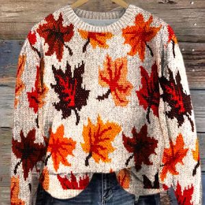 Knitted Simple Loose Maple Leaf Sweater, Sweaters, Lilicloth.com