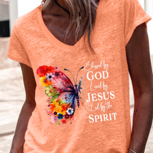 Blessed By God Loved By Jesus Led By The Spirit Casual Regular Fit V Neck Plain T-Shirt, T-shirts, Lilicloth.com