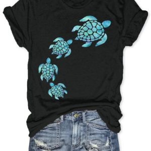 Womens Sea Turtle Watercolor Blue Print Casual T-Shirt, T-shirts, Lilicloth.com