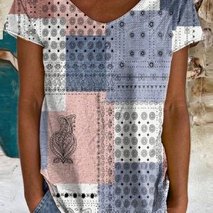 Women's Short Sleeve Tee T-shirt Summer Geometric Jersey V Neck Daily Going Out Casual Top White, JustFashionNow T-Shirts, color:White|size:XXL,