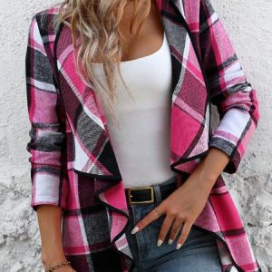 Women's Plaid Regular Loose Jacket, Jackets, color:Deep Pink|size:XXL, catalog Noracora shop