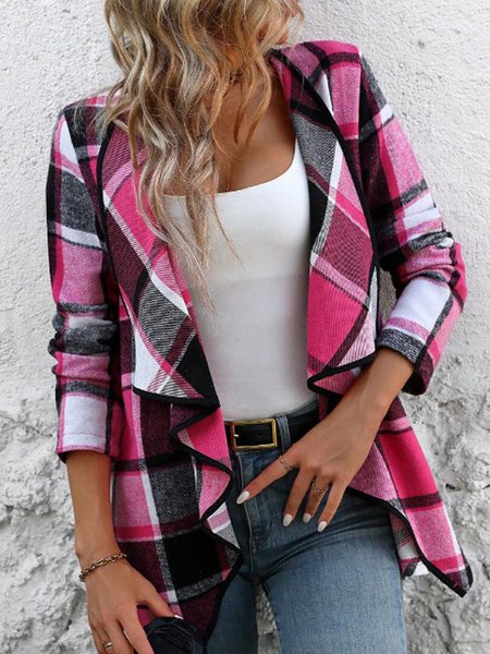 Women's Spring/Fall Outerwear Casual Plaid Long Sleeve Jacket, JustFashionNow Jackets, color:Deep Pink|size:XXL,