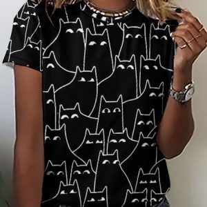 Women Funny Suspicious Cats Print Simple T-Shirt, T-shirts, Lilicloth.com