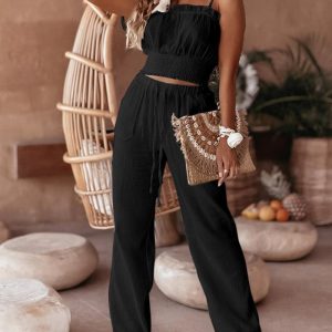 Frill Hem Shirred Cami Top & Drawstring Pants Set, Two-piece Sets, ChicMe catalog