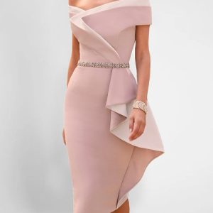 Women's Short Sleeve Summer Plain Ruched Dress Off The Shoulder Cocktail Going Out Urban Midi Bodycon Pink, JustFashionNow Formal Dresses, color:Pink|size:3XL,
