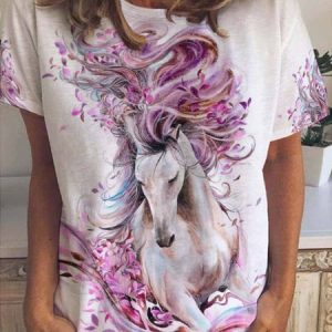 Casual Simple Horse Print Crew Neck Short Sleeve T-Shirt, T-shirts, Lilicloth.com