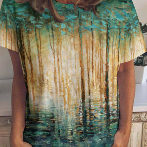 Abstract Gradient Landscape Print Short Sleeve T-Shirt, T-shirts, Lilicloth.com