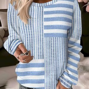 Women's Crew Neck Striped Printing Vintage Spring/Fall Long Sleeve Sweatshirt, JustFashionNow Sweatshirts & Hoodies, color:Blue|size:XXL,