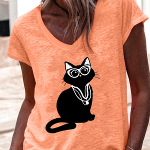Iris Apfel Fancy Cat V Neck Casual Cotton-Blend T-Shirt, T-shirts, Lilicloth.com