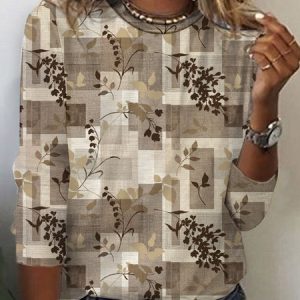 Women's Long Sleeve Tee T-shirt Spring/Fall Floral Printing Jersey Crew Neck Holiday Going Out Vintage Top, JustFashionNow T-Shirts, color:Brown|size:XXL,