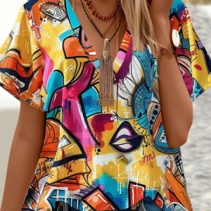 Women's Short Sleeve Tee T-shirt Summer Abstract Jersey V Neck Daily Going Out Casual Top, JustFashionNow T-Shirts, color:Yellow|size:XXL,