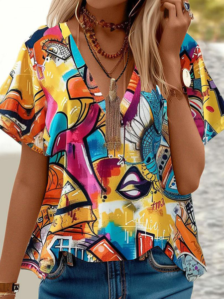 Women's Short Sleeve Tee T-shirt Summer Abstract Jersey V Neck Daily Going Out Casual Top, JustFashionNow T-Shirts, color:Yellow|size:XXL,