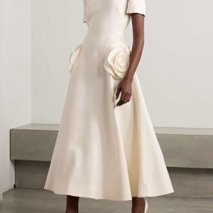 Women's Short Sleeve Summer Plain Applique Dress Crew Neck Commuting Going Out Urban Midi X-Line, JustFashionNow Dresses, color:Off White|size:3XL,