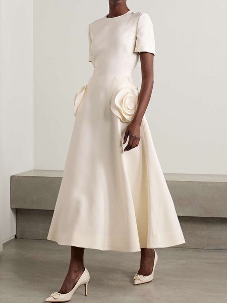 Women's Short Sleeve Summer Plain Applique Dress Crew Neck Commuting Going Out Urban Midi X-Line, JustFashionNow Dresses, color:Off White|size:3XL,
