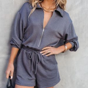 Stand Collar Long Sleeve Zip Up Drawstring Waist Romper, Rompers, ChicMe catalog