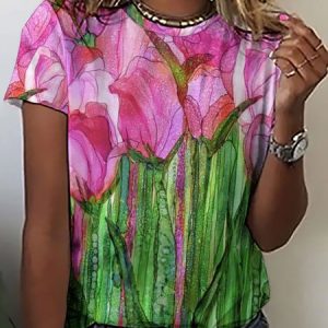 Womens Flowers Abstract Print Short Sleeve T-Shirt, T-shirts, Lilicloth.com