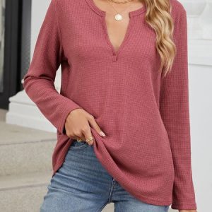 Women's Long Sleeve Tee T-shirt Spring/Fall Plain Knitted Notched Daily Going Out Casual Top, JustFashionNow T-Shirts, color:Brick Red|size:XXL,