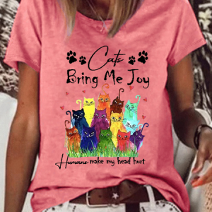 Funny Cat Cotton-Blend Loose Casual Text Letters T-Shirt, T-shirts, Lilicloth.com