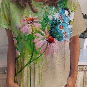 Butterfly Floral Print Crew Neck Short Sleeve T-Shirt, T-shirts, Lilicloth.com