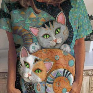 Women’s Retro Funny Cat Loose Cat Crew Neck Simple T-Shirt, T-shirts, Lilicloth.com