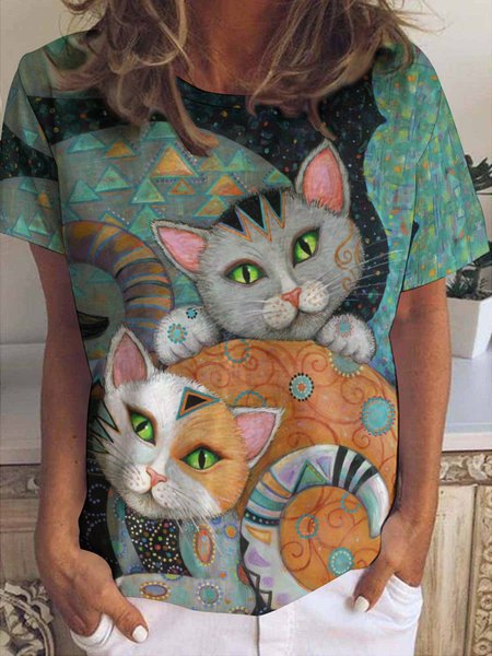 Women’s Retro Funny Cat Loose Cat Crew Neck Simple T-Shirt, T-shirts, Lilicloth.com