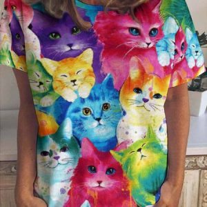 Womens Cute Cat MEOW Print Casual T-Shirt, T-shirts, Lilicloth.com