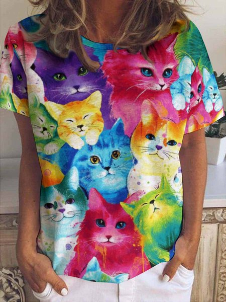 Womens Cute Cat MEOW Print Casual T-Shirt, T-shirts, Lilicloth.com