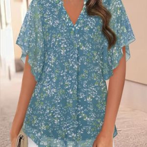 Casual V Neck Floral Loose Blouse, JustFashionNow Blouses, color:Blue|size:XXL,