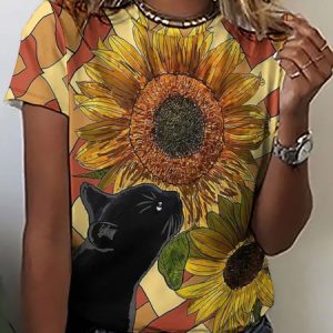 Women Black Cat And Sunflowers Crew Neck Loose T-Shirt, T-shirts, Lilicloth.com