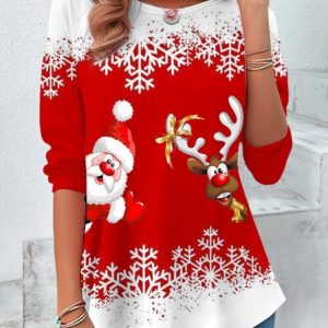 Women's Long Sleeve Tee T-shirt Spring/Fall Christmas Printing Jersey Crew Neck Holiday Going Out Vintage Top, JustFashionNow T-Shirts, color:Red|size:XXL,