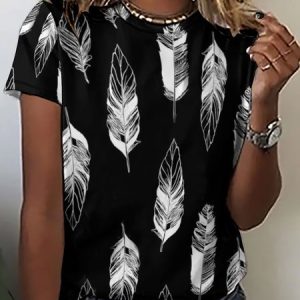Casual Simple Feather Print Crew Neck Short Sleeve T-Shirt, T-shirts, Lilicloth.com