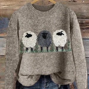 Women's Fluffy Sheep Print Casual Knitted Sweater, Sweaters, Lilicloth.com