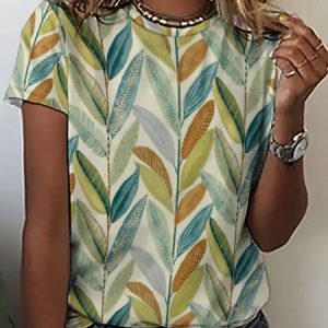 Vintage Abstract Leaf Print Crew Neck Short Sleeve T-Shirt, T-shirts, Lilicloth.com